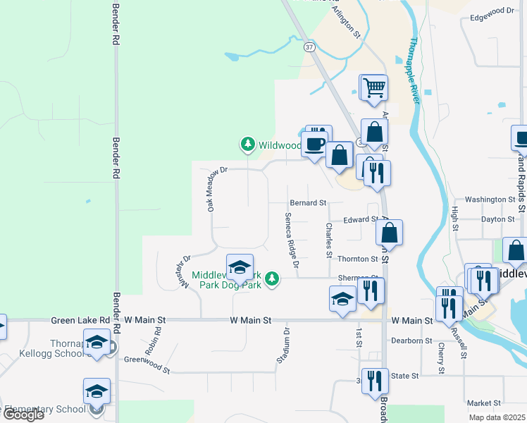 map of restaurants, bars, coffee shops, grocery stores, and more near 423 Seneca Ridge Drive in Middleville
