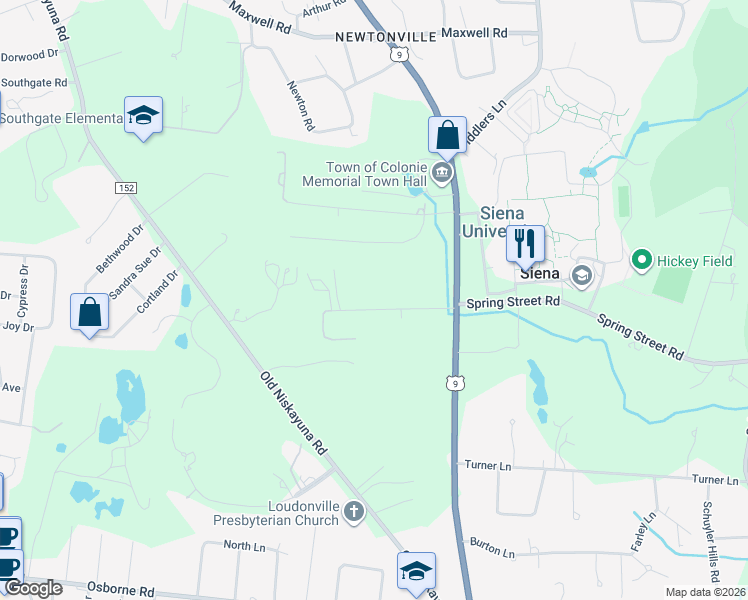 map of restaurants, bars, coffee shops, grocery stores, and more near 14 Springwood Manor Drive in Albany