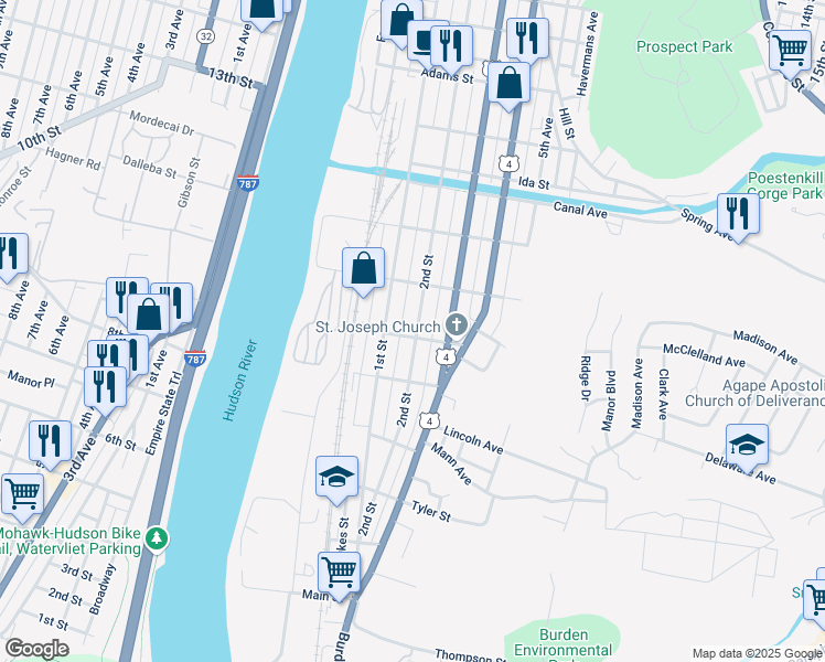 map of restaurants, bars, coffee shops, grocery stores, and more near 412 2nd Street in Troy