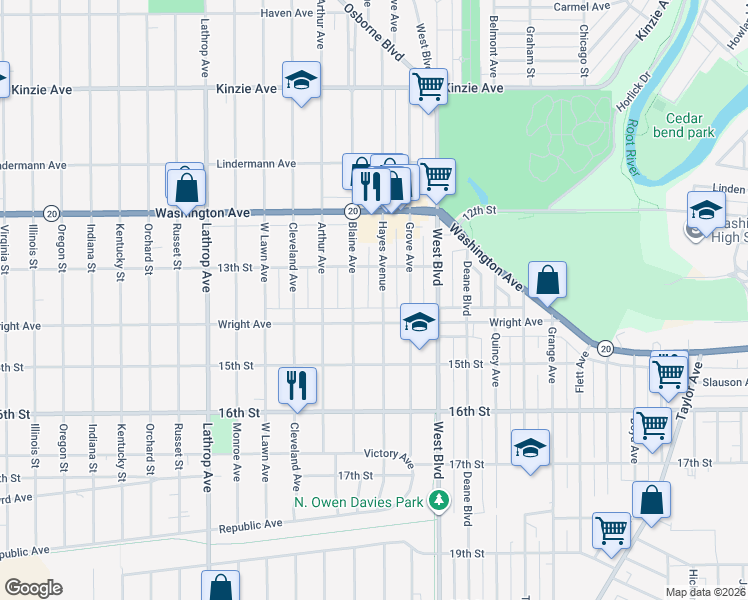 map of restaurants, bars, coffee shops, grocery stores, and more near 3310 Wright Avenue in Racine