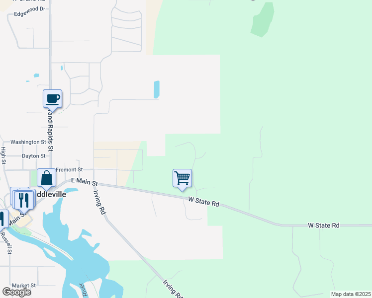 map of restaurants, bars, coffee shops, grocery stores, and more near 4175 Thornapple Hills Drive in Middleville