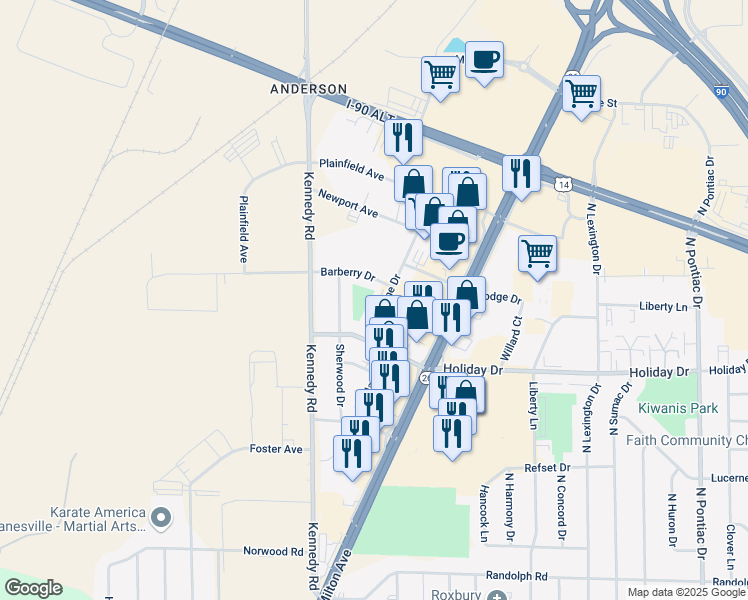 map of restaurants, bars, coffee shops, grocery stores, and more near 2811 Woodlane Drive in Janesville