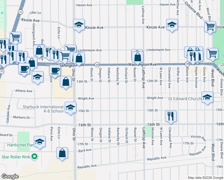 map of restaurants, bars, coffee shops, grocery stores, and more near 4224 Wright Avenue in Racine