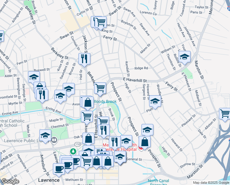 map of restaurants, bars, coffee shops, grocery stores, and more near 240 Prospect Street in Lawrence