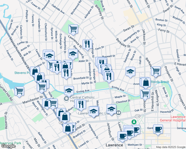 map of restaurants, bars, coffee shops, grocery stores, and more near 32 Bennington Street in Lawrence