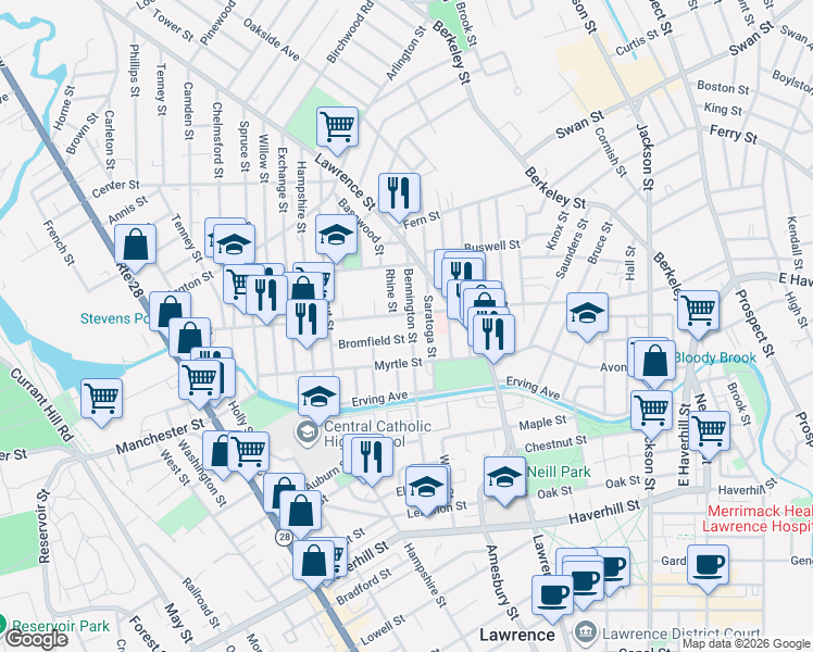 map of restaurants, bars, coffee shops, grocery stores, and more near 32 Bennington Street in Lawrence