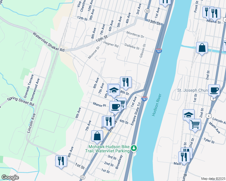 map of restaurants, bars, coffee shops, grocery stores, and more near 702 6th Avenue in Watervliet