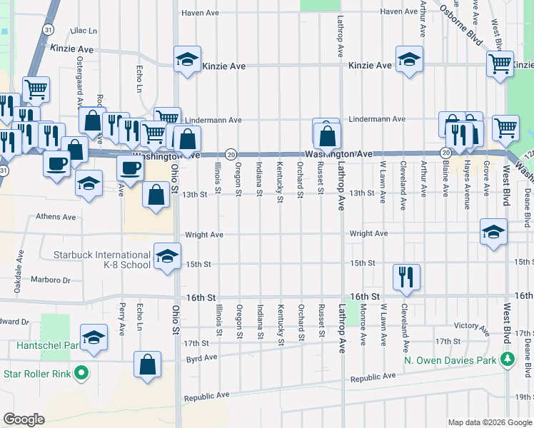 map of restaurants, bars, coffee shops, grocery stores, and more near 4224 Wright Avenue in Racine