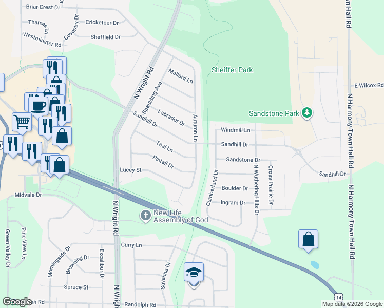 map of restaurants, bars, coffee shops, grocery stores, and more near 3858 Teal Lane in Janesville