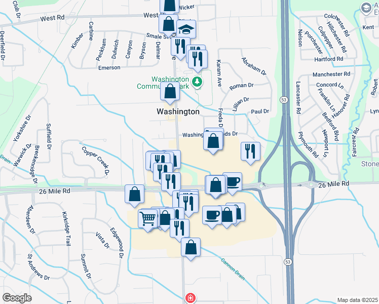 map of restaurants, bars, coffee shops, grocery stores, and more near 8401 26 Mile Road in Washington