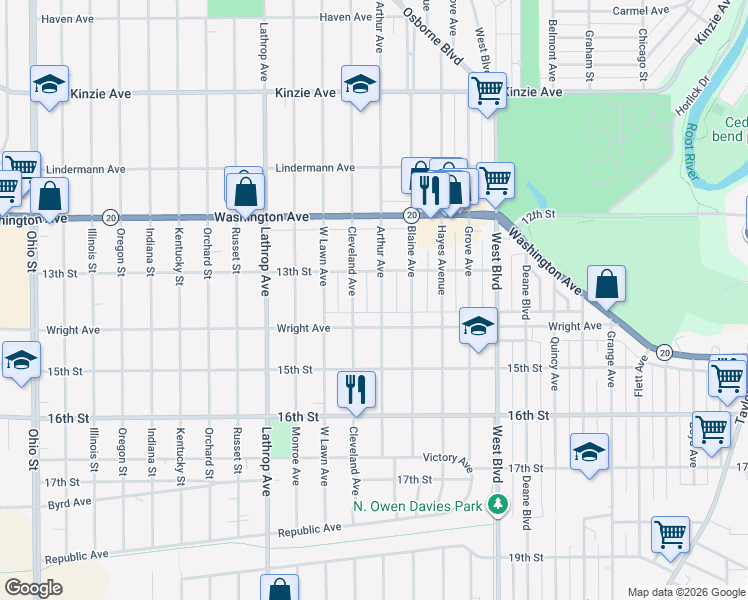 map of restaurants, bars, coffee shops, grocery stores, and more near 3516 Wright Avenue in Racine