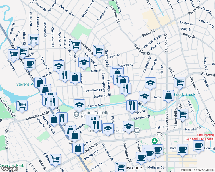 map of restaurants, bars, coffee shops, grocery stores, and more near 32 Bennington Street in Lawrence