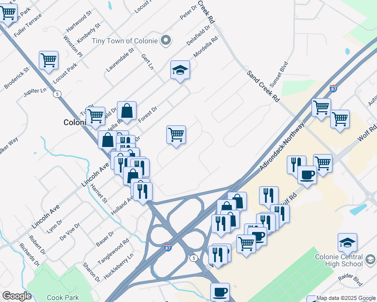 map of restaurants, bars, coffee shops, grocery stores, and more near 13 Peachtree Lane in Colonie