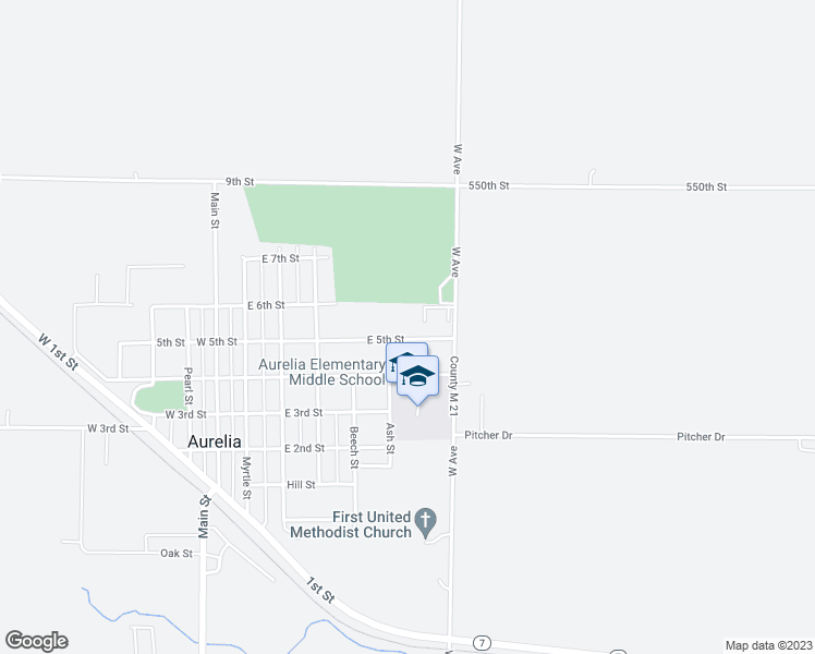 map of restaurants, bars, coffee shops, grocery stores, and more near 607 East 5th Street in Aurelia