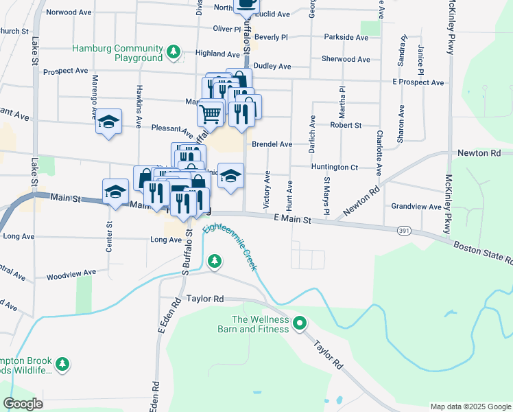 map of restaurants, bars, coffee shops, grocery stores, and more near 110 East Main Street in Hamburg