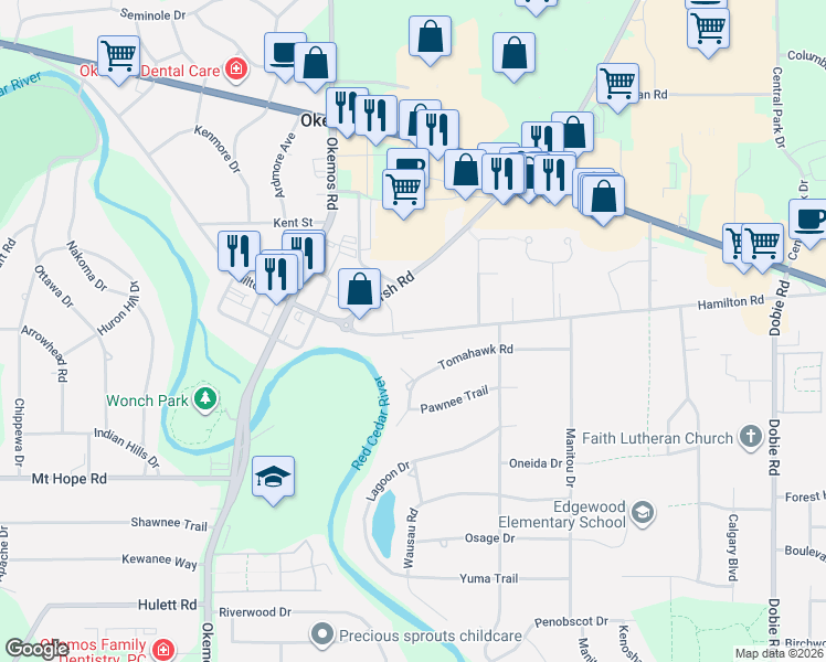 map of restaurants, bars, coffee shops, grocery stores, and more near 2062 Tomahawk Circle in Meridian charter Township