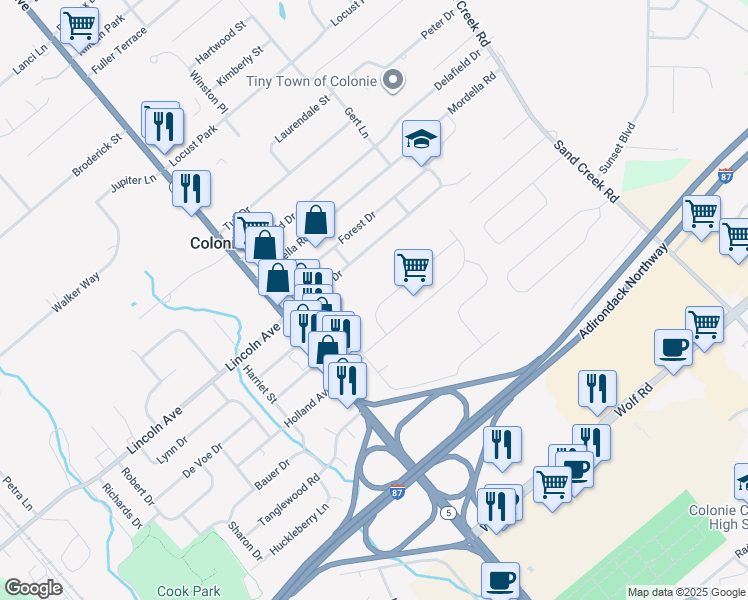 map of restaurants, bars, coffee shops, grocery stores, and more near 4 Hialeah Drive in Colonie
