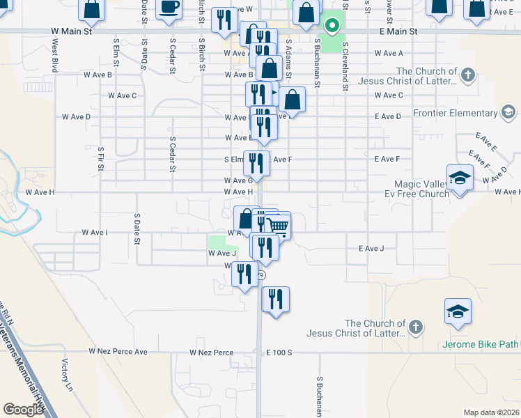 map of restaurants, bars, coffee shops, grocery stores, and more near 955 South Lincoln Avenue in Jerome