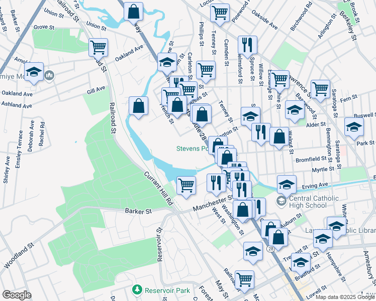 map of restaurants, bars, coffee shops, grocery stores, and more near 576 Broadway in Lawrence