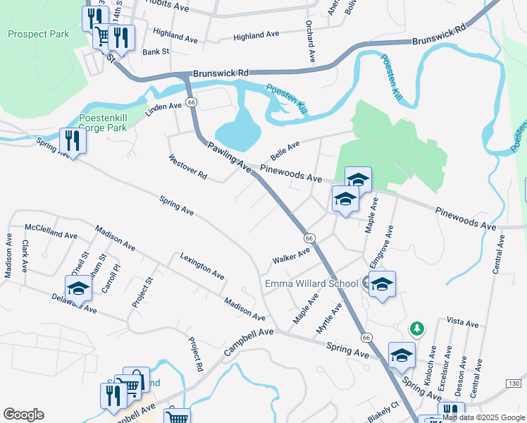 map of restaurants, bars, coffee shops, grocery stores, and more near 17 Hawthorne Avenue in Troy
