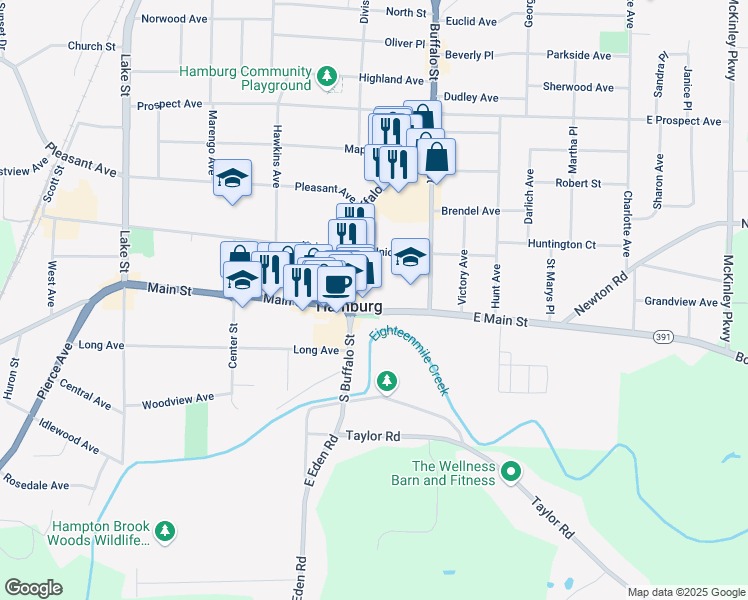 map of restaurants, bars, coffee shops, grocery stores, and more near 1-85 New York 391 in Hamburg