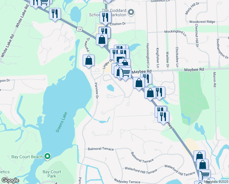map of restaurants, bars, coffee shops, grocery stores, and more near 6955 Lancaster Lake Court in Clarkston