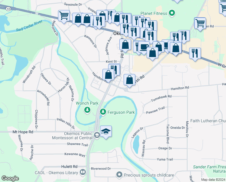map of restaurants, bars, coffee shops, grocery stores, and more near 2123 Clinton Street in Meridian charter Township