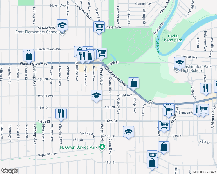 map of restaurants, bars, coffee shops, grocery stores, and more near 2916 Wright Avenue in Racine