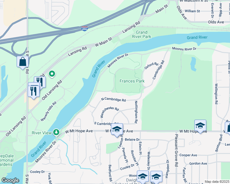 map of restaurants, bars, coffee shops, grocery stores, and more near 2701 Moores River Drive in Lansing