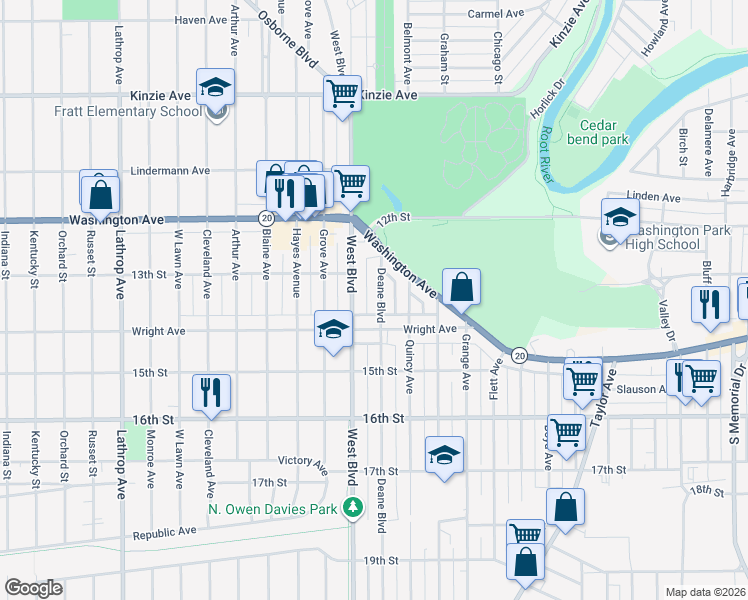 map of restaurants, bars, coffee shops, grocery stores, and more near 2916 Wright Avenue in Racine