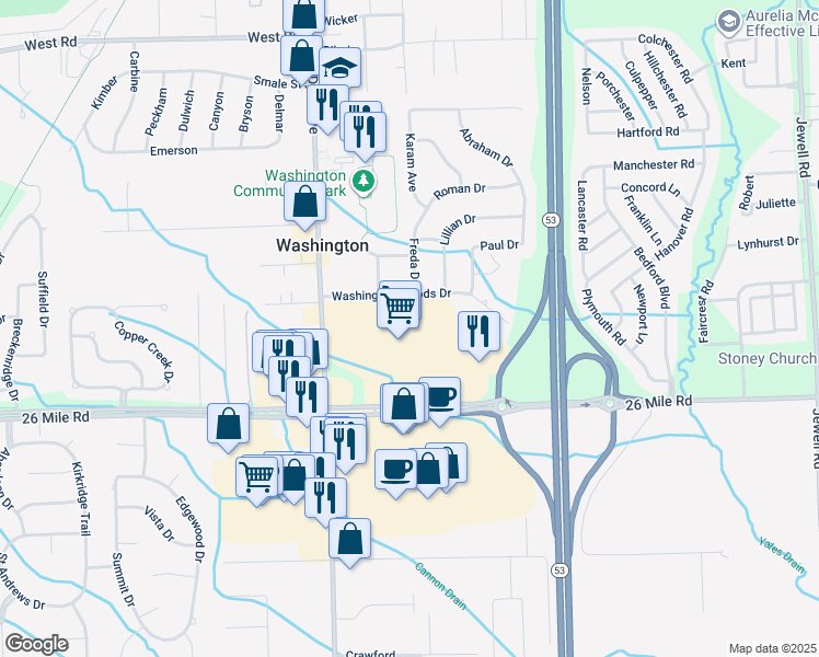 map of restaurants, bars, coffee shops, grocery stores, and more near 8401 26 Mile Road in Washington