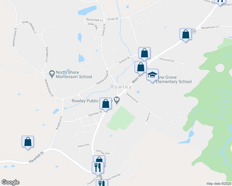 map of restaurants, bars, coffee shops, grocery stores, and more near 6 Central Street in Rowley