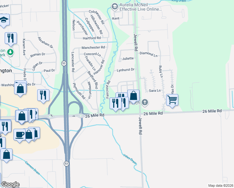 map of restaurants, bars, coffee shops, grocery stores, and more near 57155 Beaconsfield Road in Washington