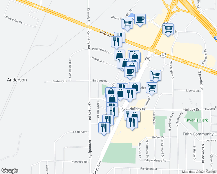 map of restaurants, bars, coffee shops, grocery stores, and more near 2823 Woodlane Drive in Janesville