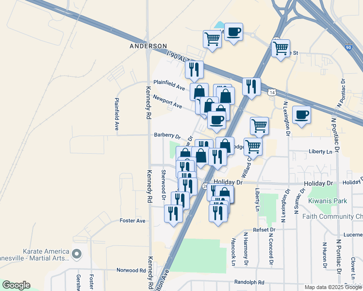 map of restaurants, bars, coffee shops, grocery stores, and more near 2827 Woodlane Drive in Janesville