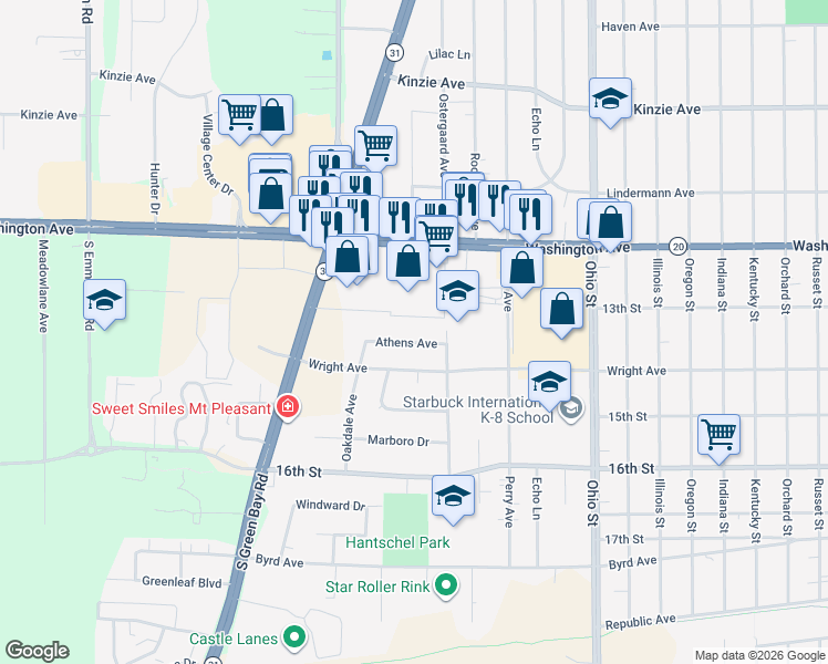 map of restaurants, bars, coffee shops, grocery stores, and more near 5226 Wright Avenue in Racine