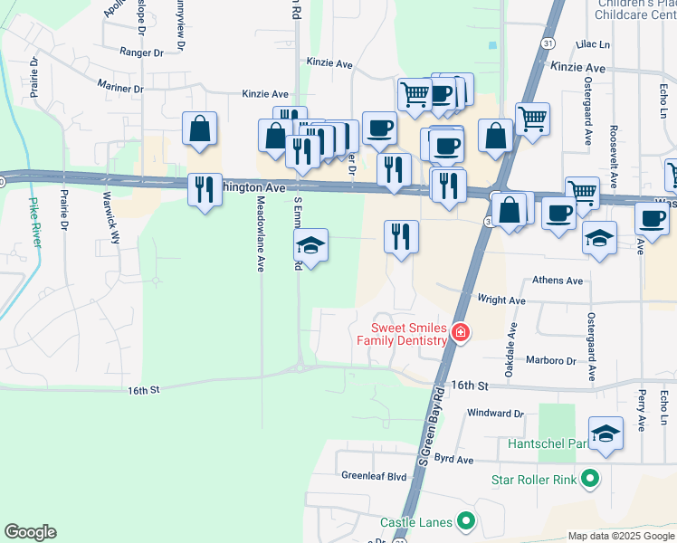 map of restaurants, bars, coffee shops, grocery stores, and more near 1347 South Emmertsen Road in Racine