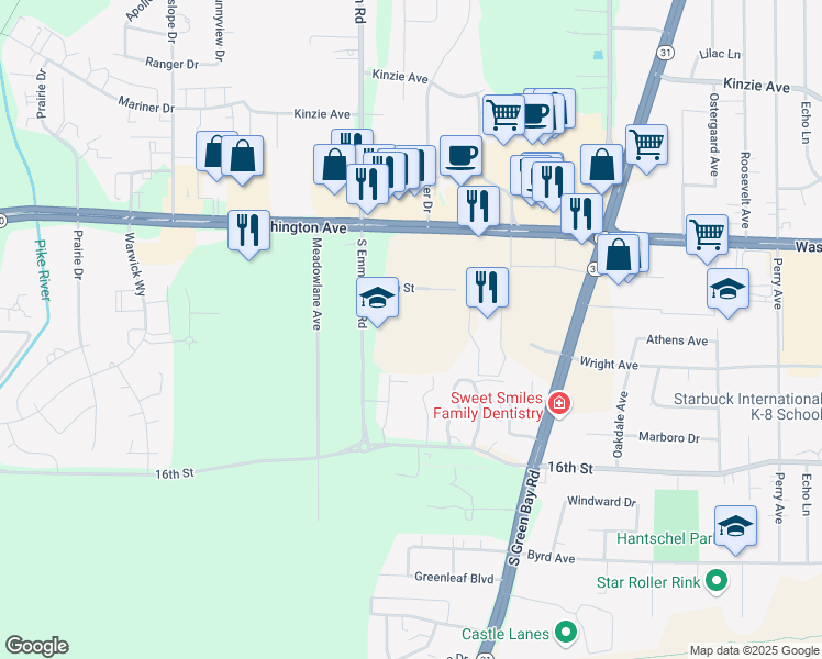 map of restaurants, bars, coffee shops, grocery stores, and more near 1347 South Emmertsen Road in Racine