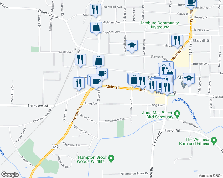 map of restaurants, bars, coffee shops, grocery stores, and more near 196 Main Street in Hamburg