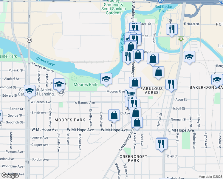 map of restaurants, bars, coffee shops, grocery stores, and more near 1611 Todd Avenue in Lansing