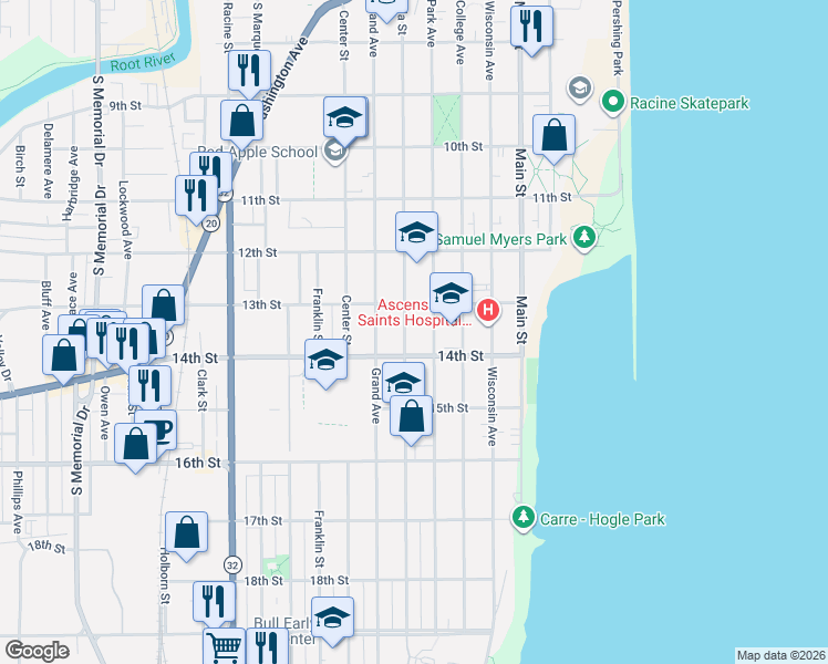 map of restaurants, bars, coffee shops, grocery stores, and more near 1400 Park Avenue in Racine
