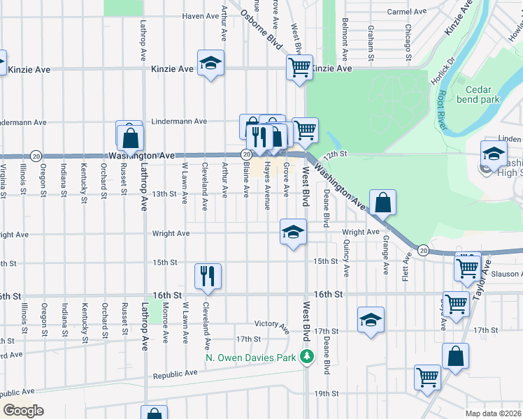 map of restaurants, bars, coffee shops, grocery stores, and more near 3310 Wright Avenue in Racine