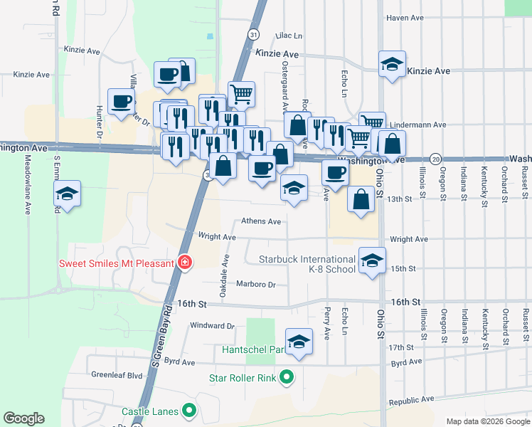 map of restaurants, bars, coffee shops, grocery stores, and more near 5226 Wright Avenue in Racine