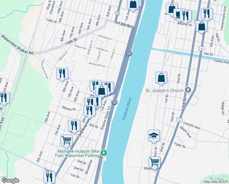 map of restaurants, bars, coffee shops, grocery stores, and more near 816 Broadway in Watervliet