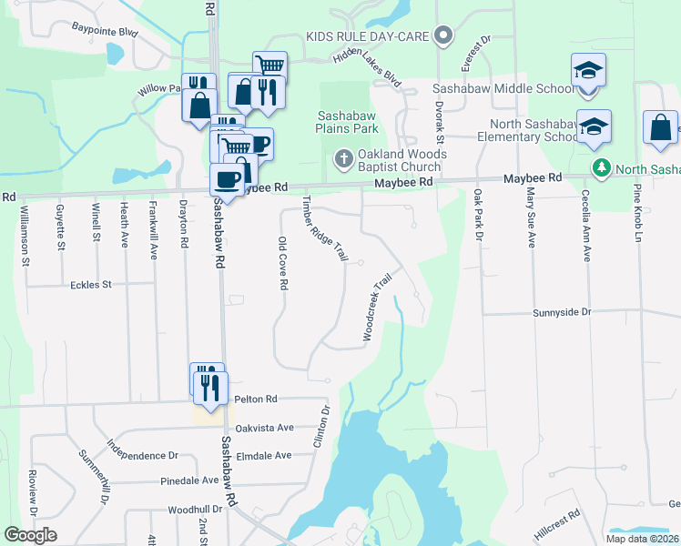map of restaurants, bars, coffee shops, grocery stores, and more near 5199 Timber Ridge Trail in Clarkston