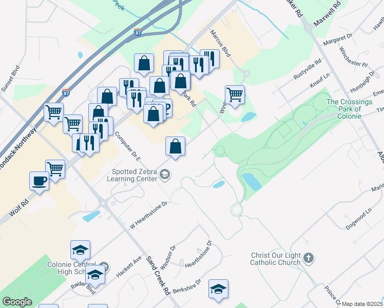 map of restaurants, bars, coffee shops, grocery stores, and more near 32 Aviation Road in Albany