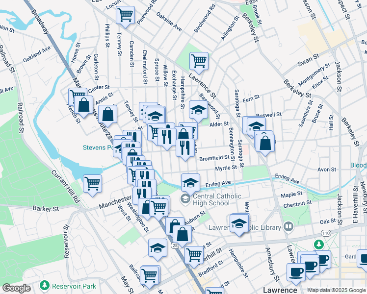 map of restaurants, bars, coffee shops, grocery stores, and more near 41 Exchange Street in Lawrence