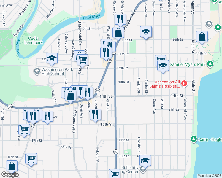 map of restaurants, bars, coffee shops, grocery stores, and more near 1300-1310 14th St in Racine