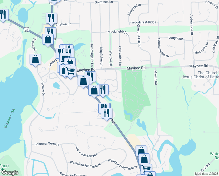 map of restaurants, bars, coffee shops, grocery stores, and more near 6604 Pond View Road in Clarkston