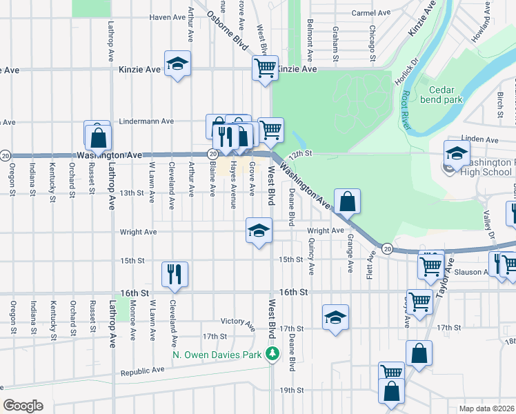 map of restaurants, bars, coffee shops, grocery stores, and more near 1254 Grove Avenue in Racine